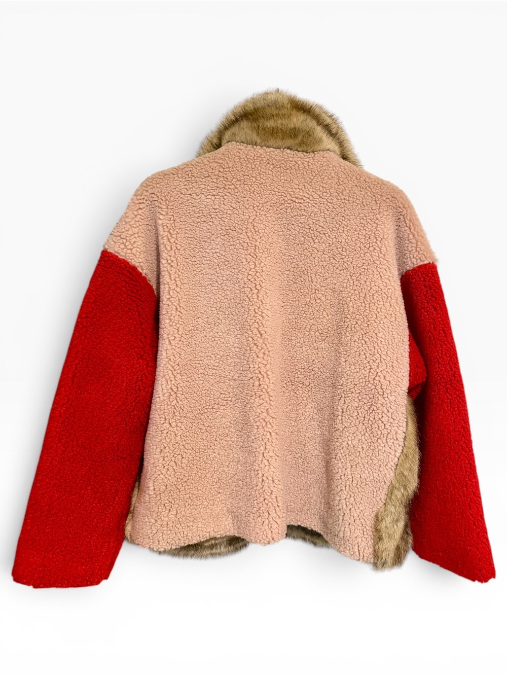 AlphaStyle Vegan Fur Color Block Sherpa Puffer Jacket Khaki Red Blush Size Large - Picture 5 of 8
